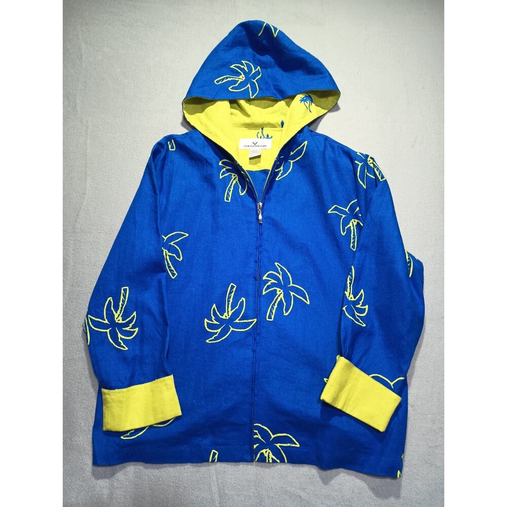 Erin London Womens Med. Hooded Jacket Blue Lime Palm Tree Full Zip Linen Blend